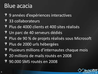 Blue acacia
     9 années d’expériences interactives
     33 collaborateurs
     Plus de 4000 clients et 400 sites réalisés
     Un parc de 40 serveurs dédiés
     Plus de 90 % de projets réalisés sous Microsoft
     Plus de 2000 urls hébergées
     Plusieurs millions d’internautes chaque mois
     20 millions de mails routés en 2008
     90.000 SMS routés en 2008

6
 