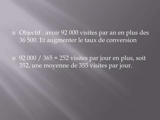 



Objectif : avoir 92 000 visites par an en plus des
36 500. Et augmenter le taux de conversion
92 000 / 365 = 252 visites par jour en plus, soit
352, une moyenne de 355 visites par jour.

 