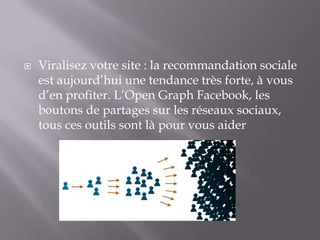 

Viralisez votre site : la recommandation sociale
est aujourd’hui une tendance très forte, à vous
d’en profiter. L’Open Graph Facebook, les
boutons de partages sur les réseaux sociaux,
tous ces outils sont là pour vous aider

 