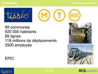 Capitole du Libre 2012




99 communes
920 000 habitants
89 lignes
119 millions de déplacements
2500 employés


EPIC

                                                 2
                      2 / 42
 