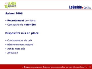 Saison 2006  Recrutement  de clients Campagne de  notoriété Dispositifs mis en place  Comparateurs de prix Référencement naturel Achat mots clés Affiliation  