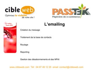 L’emailing www.cibleweb.com  Tél : 04 67 49 12 20  email :contact@cibleweb.com Création du message Traitement de la base de contacts Routage Reporting Gestion des désabonnements et des NPAI 