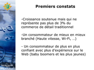 Premiers constats Croissance soutenue mais qui ne représente pas plus de 3% du commerce de détail traditionnel Un consommateur de mieux en mieux branché (Haute vitesse, Wi-Fi, …) Un consommateur de plus en plus confiant avec plus d’expérience sur le Web (baby boomers et les plus jeunes) EBB-HEC Montréal  2007 Abdel. Mekki Berrada 