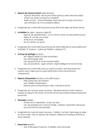 2. Espace de ressourcement (salle de bain)
- Espace ultra-privé : lieu le plus intime (privacy data ultra-sécurisée)
- Check up santé connecté au médecin
- Bulle cocoon : chromothérapie, ressourcement « body and mind »
- Lieu d'évasion où l’on se projette ailleurs
 Imaginaire (en continuité) façonné par les SPA et les salles de fitness trendy.
3. Le théâtre (le salon : espace collectif)
- Espace de représentation : on se met en scène via des performances
- Agencé comme une scène
- Ambiance modulable
- On se montre, on reçoit
 Imaginaire (en continuité) façonné par les shows télévisés et particulièrement
la Reality TV (maison = scène de théâtre = plateau TV)
4. Le foyer de partage (cuisine)
- Îlot collectif dédié à « l'être ensemble »
- Lieu d'échanges réels
- Lieu de production et de transformation
- Lieu de sensations : agencement, objet intelligents et émotionnels
 Imaginaire (en continuité) avec la cuisine ouverte / (anciennement en
rupture avec l’idée que la cuisine était le lieu intime de la femme
uniquement).
5. Espace d'expression (bureau ou la salle de jeu)
- Pôle production de l'habitat
- Murs dédiés à l'expression
- Espace semi-connecté pour créer, inventer et écrire
 Imaginaire (en rupture) assez nouveau : décloisonnement entre l’espace
ludique et espace de travail : le travail comme jeu/création/épanouissement
personnel.
6. Homelab (atelier)
- Production et réparation : le lieu du faire
- Lieu de partage pour toute la famille : création, réparation (de jouets
pour les enfants par exemple)
 Imaginaire (en rupture) assez nouveau : l’atelier n’est plus l’apanage du père
en zone rurale, mais un espace de création collective et ludique (même en
zone urbaine).
7. Home farm (jardin)
- Lieu d’élevage d’insectes, d’abeilles voire de poules
 