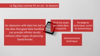 Doctrine assez
présente dans
l’industrie
Paradigme
technique, social
et économique
Solutionnisme
technique
Le Big Data comme fin en soi : le dataism
An obsession with data has led to
the idea that good data handling
can provide infinite results
without other types of planning -
David Brooks
 