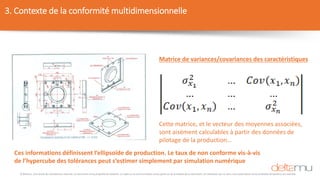 © Deltamu, tous droits de reproduction réservés. Ce document est la propriété de Deltamu. La copie ou la communication d'une partie ou de la totalité de ce document, et l'utilisation par un tiers, sans autorisation écrite préalable de Deltamu est interdite.
3. Contexte de la conformité multidimensionnelle
Cette matrice, et le vecteur des moyennes associées,
sont aisément calculables à partir des données de
pilotage de la production…
Matrice de variances/covariances des caractéristiques
Ces informations définissent l’ellipsoïde de production. Le taux de non conforme vis-à-vis
de l’hypercube des tolérances peut s’estimer simplement par simulation numérique
 