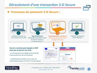 Déroulement	
  d’une	
  transacJon	
  3-­‐D	
  Secure	
  
" 

Processus de paiement 3-D Secure :

	
  
	
  
1	
  
ValidaWon	
  du	
  panier	
  sur	
  	
  
site	
  e-­‐commerce	
  avec	
  3DS	
  

3

2	
  

Page	
  de	
  paiement	
  
Demande	
  d’autorisaWon	
  carte	
  
(Le	
  3DS	
  est-­‐il	
  ac=vé	
  sur	
  	
  
la	
  carte	
  du	
  porteur	
  ?)	
  

AuthenAﬁcaAon	
  3-­‐D	
  Secure	
  
(Code	
  envoyé	
  par	
  SMS,	
  Mail,	
  
message	
  vocal,	
  etc.)	
  

4	
  
ValidaWon	
  du	
  paiement	
  
Vente	
  eﬀectuée	
  !	
  

Cas	
  du	
  e-­‐commerçant	
  équipé	
  en	
  3DS	
  
mais	
  pas	
  le	
  porteur	
  de	
  carte	
  :	
  
-­‐	
  Le	
  commerçant	
  est	
  protégé	
  via	
  la	
  demande	
  
d’autorisaWon	
  lors	
  de	
  la	
  transacWon	
  
	
  
-­‐	
  L’établissement	
  émeVeur	
  de	
  la	
  carte	
  est	
  
responsable	
  puisque	
  son	
  client	
  n’est	
  pas	
  équipé	
  

E-commerce Live - Paysite-cash– 04/12/2013
www.paysite-cash.com

10	
  

 