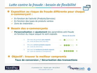 LuNe	
  contre	
  la	
  fraude	
  :	
  besoin	
  de	
  ﬂexibilité	
  
" 

Exposition au risque de fraude différente pour chaque
e-commerçant :
"   En fonction de l’activité (Produits/Services)
"   En fonction des types de produits vendus
"   Zone de chalandise …

" 

Besoin des e-commerçants
"   Personnalisation et ajustement des paramètres anti-fraude
en fonction du risque auquel ils sont exposés

Niveau	
  de	
  sécurité	
  

1. 

Site	
  avec	
  des	
  produits	
  peu	
  exposés	
  

(ex	
  :	
  vente	
  de	
  bijoux	
  bons	
  marchés)	
  

2.  Site	
  avec	
  certains	
  produits	
  exposés	
  
	
  	
  	
  	
  	
  	
  	
  	
  	
  	
  (ex	
  :	
  vente	
  de	
  vêtements)	
  
3. 

Site	
  avec	
  de	
  nombreux	
  produits	
  exposés	
  

	
  	
  	
  	
  	
  	
  	
  	
  	
  	
  	
  (ex	
  :	
  vente	
  de	
  tableOes	
  et	
  smartphones)	
  

+	
  
+	
  
+	
  

"   Objectif : trouver le meilleur compromis
Taux de conversion / Sécurisation des transactions

E-commerce Live - Paysite-cash– 04/12/2013
www.paysite-cash.com

14	
  

 