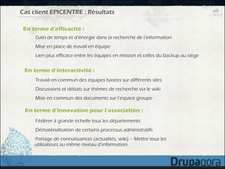 Cas client EPICENTRE : Résultats

 En terme d’efficacité :
     Gain de temps et d’énergie dans la recherche de l’information
     Mise en place de travail en équipe
     Lien plus efficace entre les équipes en mission et celles du backup au siège


 En terme d’interactivité :
     Travail en commun des équipes basées sur différents sites
     Discussions et débats sur thèmes de recherche via le wiki
     Mise en commun des documents sur l’espace groupe

 En terme d’innovation pour l’association :
     Fédérer à grande échelle tous les départements
     Dématérialisation de certains processus administratifs
     Partage de connaissances (actualités, wiki) – Mettre tous les
     utilisateurs au même niveau d’information
 
