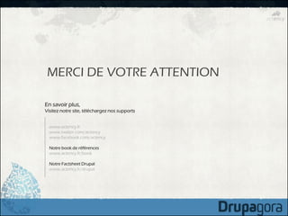 MERCI DE VOTRE ATTENTION

En savoir plus,
Visitez notre site, téléchargez nos supports


  www.actency.fr
  www.twitter.com/actency
  www.facebook.com/actency

  Notre book de références
  www.actency.fr/book

  Notre Factsheet Drupal
  www.actency.fr/drupal
 
