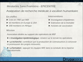 Médecins Sans Frontière - EPICENTRE
Association de recherche médicale à vocation humanitaire

En chiffre                                    Interventions
► Créé en 1987 par MSF                         ► Investigation d’épidémies
► 60 membres en Europe & USA                   ► Estimation de la mortalité
► 200 membres en Afrique                       ► Activités de vaccination

Mission
Association dédiée au support des opérations de MSF
► L’investigation épidémiologique : éclairer sur le terrain les opérations
► La recherche : contribuer par la production de connaissances à concevoir
et promouvoir des projets innovants;
► La formation : appuyer les équipes MSF dans la conduite de la réponse
opérationnelle.
 