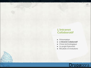 L’Intranet
Collaboratif

►   Présentation
►   L’intranet Collaboratif
►   Choix technologique
►   Le projet Epicentre
►   Résultats et évolutions
 