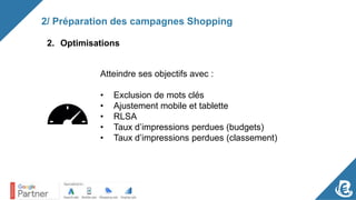2/ Préparation des campagnes Shopping
2. Optimisations
Atteindre ses objectifs avec :
• Exclusion de mots clés
• Ajustement mobile et tablette
• RLSA
• Taux d’impressions perdues (budgets)
• Taux d’impressions perdues (classement)
 