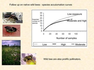 Follow up on n ative  wild bees : species acculumation curves Wild bee are also prolific pollinators.  Expected number of species Number of samples Moderate and high Low exposure Low High Moderate Cs et Cm confondus 