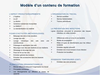 Modèle d’un contenu de formationModèle d’un contenu de formation
L’ASPECT PRODUITS/ÉQUIPEMENTS
 L’hygiène
 Le pH
 La dilution
 Certaines substances incorporées
 Le SIMDUT
 La standardisation du matériel
FICHES D’ACTIVITÉS (MÉTHODOLOGIES)
 Balayage des sols et des escaliers
 Lavage des sols
 Lavage mécanique des sols avec une
autorécureuse
 Polissage et vaporisation des sols
 Récurage à sec des sols résilients et non résilients
 Décapage et récurage des sols
 Pose de fini sur les sols
 Entretien général des bureaux
 Entretien des accessoires dans les espaces
sanitaires
PLANIFICATION ORGANISATIONNELLE
 Brèves réflexions entourant l’organisation du travail
 Principales contraintes
 Les dérangements qui affectent le niveau de
salubrité
L’ORGANISATION DU TRAVAIL
 Service quotidien
 Service hebdomadaire
 Travaux périodiques
LA PRÉVENTION DES INFECTIONS
Lignes directrices entourant la prévention des risques
infectieux en milieu scolaire.
 Différences entre un virus et une bactérie
 Modes de propagation
 Rôles et types de désinfectants pour les milieux
scolaires
 Entretien régulier préventif
 Entretien lors d’une éclosion d’une infection
 Protection de travailleur
EXIGENCES TEMPORAIRES (CSST)
 Entretien des sols (amiante)
 