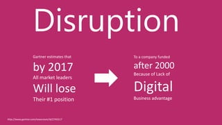 Disruption
Gartner estimates that
by 2017
All market leaders
Will lose
Their #1 position
To a company funded
after 2000
Because of Lack of
Digital
Business advantage
http://www.gartner.com/newsroom/id/2745517
 