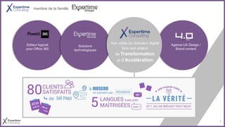 Aux côtés du directeur digital
face aux enjeux
de Transformation
et d’Accélération
membre de la famille Groupe
Services
Agence UX Design /
Brand content
Solutions
technologiques
Editeur logiciel
pour Office 365
3
 
