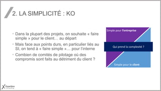 2. LA SIMPLICITÉ : KO
• Dans la plupart des projets, on souhaite « faire
simple » pour le client… au départ
• Mais face aux points durs, en particulier liés au
SI, on tend à « faire simple »… pour l’interne
• Combien de comités de pilotage où des
compromis sont faits au détriment du client ?
Simple pour l’entreprise
Simple pour le client
Qui prend la complexité ?
 