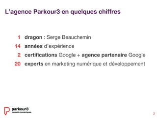 1
14
2
20
dragon : Serge Beauchemin
années d’expérience
certifications Google + agence partenaire Google
experts en marketing numérique et développement
L’agence Parkour3 en quelques chiffres
2
 