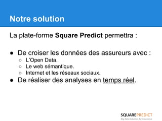 Notre solution 
La plate-forme Square Predict permettra : 
● De croiser les données des assureurs avec : 
○ L’Open Data. 
○ Le web sémantique. 
○ Internet et les réseaux sociaux. 
● De réaliser des analyses en temps réel. 
 