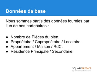 Données de base 
Nous sommes partis des données fournies par 
l’un de nos partenaires : 
● Nombre de Pièces du bien. 
● Propriétaire / Copropriétaire / Locataire. 
● Appartement / Maison / RdC. 
● Résidence Principale / Secondaire. 
 