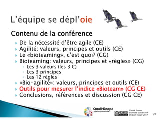 Contenu de la conférence









De la nécessité d’être agile (CE)
Agilité: valeurs, principes et outils (CE)
Le «bioteaming», c’est quoi? (CG)
Bioteaming: valeurs, principes et «règles» (CG)
◦ Les 3 valeurs (les 3 C)
◦ Les 3 principes
◦ Les 12 règles

«Bio-agilité»: valeurs, principes et outils (CE)
Outils pour mesurer l’indice «Bioteam» (CG CE)
Conclusions, références et discussion (CG CE)
Claude Emond,
Charlotte Goudreault
et Quali•Scope 2012

29

 