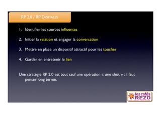 RP 2.0 / RP DIGITALES

1.  Identiﬁer les sources inﬂuentes

2.  Initier la relation et engager la conversation 

3.  Mettre en place un dispositif attractif pour les toucher

4.  Garder en entretenir le lien 


Une stratégie RP 2.0 est tout sauf une opération « one shot » : il faut
   penser long terme. 
 