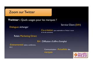 Zoom sur Twitter

Twitter : Quels usages pour les marques ?
                                                                       Service Client (SAV)
 Dialoguer, échanger
                                          Co-création (peu exploitable sur Twitter à cause
                                          du nb de caractères)

          Relais Marketing Direct

                                      RH : Diffusion d’offre d’emploi
 - Evènementiel (salon, conférence,
 etc.)
                                               Communication - Actualités des
                                               marques
 