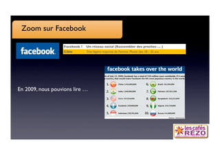 Zoom sur Facebook

                   Facebook ?
 Un réseau social (Rassembler des proches … )
                   Cible
      Très légère majorité de Femme. Plutôt des 18 - 35 ans




En 2009, nous pouvions lire …
 
