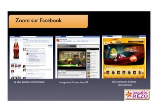 Zoom sur Facebook




La plus grande communauté
   Intégration Utube dans FB
   Jeux concours ludique -
                                                                recrutement
 