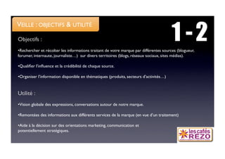 1 -2
VEILLE : OBJECTIFS  UTILITÉ

Objectifs :
• Rechercher et récolter les informations traitant de votre marque par différentes sources (blogueur,
forumer, internaute, journaliste…) sur divers territoires (blogs, réseaux sociaux, sites médias).

• Qualiﬁer l’inﬂuence et la crédibilité de chaque source.

• Organiser l’information disponible en thématiques (produits, secteurs d’activités…)


Utilité :
• Vision globale des expressions, conversations autour de notre marque.

• Remontées des informations aux différents services de la marque (en vue d’un traitement)

• Aide à la décision sur des orientations marketing, communication et 
potentiellement stratégiques.
 