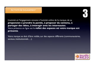 3
   ACTIVITÉ  ENGAGEMENT



L’activité et l’engagement renvoie à l’activité online de la marque, de sa
propension à prendre la parole, à proposer du contenu, à
partager des idées, à interagir avec les internautes.
Votre présence en ligne est le reﬂet des espaces où votre marque est
présente.

Votre marque se doit d’être visible, sur des espaces différents (communautaires,
sociaux, institutionnels….). 
 