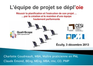 Charlotte Goudreault, MBA, Maître praticienne en PNL
Claude Émond, BEng, MEng, MBA, rmc, CD, PMP

C.Emond et C. Goudreault
Quali•Scope 2013

 
