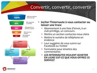 Inciter l’internaute { vous contacter ou
laisser une trace
Abonnement { une liste d’envoi, { un
club privilège, un concours.
Mettre un section contactez-nous claire
Mettre le numéro de téléphone en
évidence
Leur suggérer de vous suivre sur
Facebook ou Twitter
Formulaire pour émettre des
commentaires
LES INTERNAUTES VEULENT ACHETER
EN LIGNE! EST-CE QUE VOUS OFFREZ CE
SERVICE?
Convertir, convertir, convertir
72
 