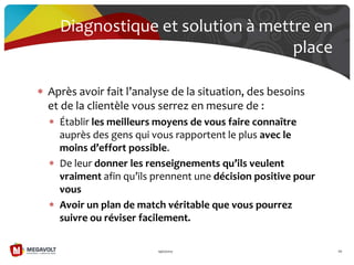 Après avoir fait l’analyse de la situation, des besoins
et de la clientèle vous serrez en mesure de :
Établir les meilleurs moyens de vous faire connaître
auprès des gens qui vous rapportent le plus avec le
moins d’effort possible.
De leur donner les renseignements qu’ils veulent
vraiment afin qu’ils prennent une décision positive pour
vous
Avoir un plan de match véritable que vous pourrez
suivre ou réviser facilement.
19/07/2013 88
Diagnostique et solution à mettre en
place
 