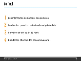 Au final


1      Les internautes demandent des comptes


2      La réaction quand on est attendu est primordiale


3      Surveiller ce qui se dit de nous


4      Écouter les attentes des consommateurs




Partie I | Sous-partie 1                                  12
 