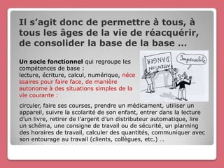 Il s’agit donc de permettre à tous, à
tous les âges de la vie de réacquérir,
de consolider la base de la base …

Un socle fonctionnel qui regroupe les
compétences de base :
lecture, écriture, calcul, numérique, néce
ssaires pour faire face, de manière
autonome à des situations simples de la
vie courante :
circuler, faire ses courses, prendre un médicament, utiliser un
appareil, suivre la scolarité de son enfant, entrer dans la lecture
d’un livre, retirer de l’argent d’un distributeur automatique, lire
un schéma, une consigne de travail ou de sécurité, un planning
des horaires de travail, calculer des quantités, communiquer avec
son entourage au travail (clients, collègues, etc.) …
 