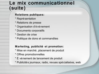 Le mix communicationnel (suite) Relations publiques: * Représentation * Relations de presse * Organisation d’événement * Documents corporatifs * Gestion de crise * Politique de dons et commandites Marketing, publicité et promotion: * Mise en marché, placement de produit * Offres promotionnelles * Événement de lancement de produit * Publicités journaux, radio, revues spécialisées, web 