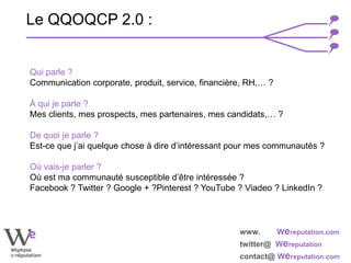 www. Wereputation.com
twitter@ Wereputation
contact@ Wereputation.com
Qui parle ?
Communication corporate, produit, service, financière, RH,… ?
À qui je parle ?
Mes clients, mes prospects, mes partenaires, mes candidats,… ?
De quoi je parle ?
Est-ce que j’ai quelque chose à dire d’intéressant pour mes communautés ?
Où vais-je parler ?
Où est ma communauté susceptible d’être intéressée ?
Facebook ? Twitter ? Google + ?Pinterest ? YouTube ? Viadeo ? LinkedIn ?
Le QQOQCP 2.0 :
 