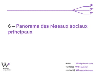 www. Wereputation.com
twitter@ Wereputation
contact@ Wereputation.com
6 – Panorama des réseaux sociaux
principaux
 