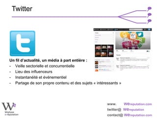 www. Wereputation.com
twitter@ Wereputation
contact@ Wereputation.com
Un fil d’actualité, un média à part entière :
- Veille sectorielle et concurrentielle
- Lieu des influenceurs
- Instantanéité et événementiel
- Partage de son propre contenu et des sujets « intéressants »
Twitter
 
