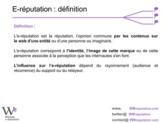 www. Wereputation.com
twitter@ Wereputation
contact@ Wereputation.com
Définition :
L'e-réputation est la réputation, l’opinion commune par les contenus sur
le web d'une entité ou d’une personne ou imaginaire.
L’e-réputation correspond à l’identité, l’image de cette marque ou de cette
personne associée à la perception que les internautes s'en font.
L’influence sur l’e-réputation dépend du rayonnement (audience et
récurrence) du support ou du relayeur.
E-réputation : définition
 