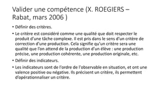 Valider une compétence (X. ROEGIERS –
Rabat, mars 2006 )
• Définir des critères.
• Le critère est considéré comme une qualité que doit respecter le
produit d’une tâche complexe. Il est pris dans le sens d’un critère de
correction d’une production. Cela signifie qu’un critère sera une
qualité que l’on attend de la production d’un élève : une production
précise, une production cohérente, une production originale, etc.
• Définir des indicateurs.
• Les indicateurs sont de l'ordre de l'observable en situation, et ont une
valence positive ou négative. Ils précisent un critère, ils permettent
d’opérationnaliser un critère.
 