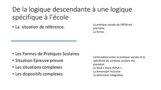 De la logique descendante à une logique
spécifique à l’école
• La situation de référence.
• Les Formes de Pratiques Scolaires
• Situation Epreuve preuve
• Les situations complexes
• Les dispositifs complexes
La pratique sociale de l’APSA est
première.
La forme.
L’articulation entre la pratique sociale et la
spécificité du contexte scolaire est
première.
Le fond « Vivre l’APSA ».
La dimension inclusive
La dimension intégrative
 