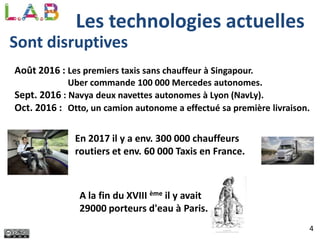 4
Les technologies actuelles
Sont disruptives
A la fin du XVIII ème il y avait
29000 porteurs d'eau à Paris.
En 2017 il y a env. 300 000 chauffeurs
routiers et env. 60 000 Taxis en France.
Août 2016 : Les premiers taxis sans chauffeur à Singapour.
Uber commande 100 000 Mercedes autonomes.
Sept. 2016 : Navya deux navettes autonomes à Lyon (NavLy).
Oct. 2016 : Otto, un camion autonome a effectué sa première livraison.
 