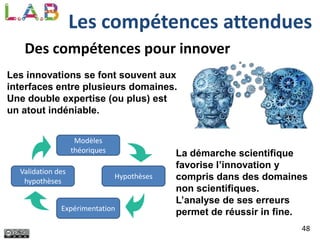 48
Les compétences attendues
Des compétences pour innover
Les innovations se font souvent aux
interfaces entre plusieurs domaines.
Une double expertise (ou plus) est
un atout indéniable.
La démarche scientifique
favorise l’innovation y
compris dans des domaines
non scientifiques.
L’analyse de ses erreurs
permet de réussir in fine.
Modèles
théoriques
Hypothèses
Validation des
hypothèses
Expérimentation
 