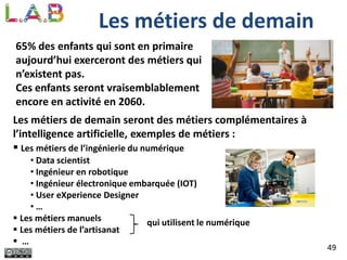 49
Les métiers de demain
65% des enfants qui sont en primaire
aujourd’hui exerceront des métiers qui
n’existent pas.
Ces enfants seront vraisemblablement
encore en activité en 2060.
Les métiers de demain seront des métiers complémentaires à
l’intelligence artificielle, exemples de métiers :
 Les métiers de l’ingénierie du numérique
• Data scientist
• Ingénieur en robotique
• Ingénieur électronique embarquée (IOT)
• User eXperience Designer
• …
 Les métiers manuels
 Les métiers de l’artisanat
 …
qui utilisent le numérique
 