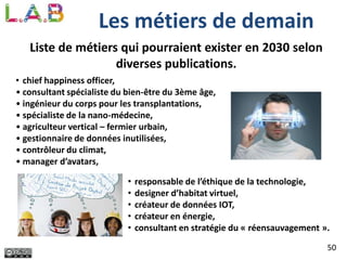 50
Les métiers de demain
• chief happiness officer,
• consultant spécialiste du bien-être du 3ème âge,
• ingénieur du corps pour les transplantations,
• spécialiste de la nano-médecine,
• agriculteur vertical – fermier urbain,
• gestionnaire de données inutilisées,
• contrôleur du climat,
• manager d’avatars,
• responsable de l’éthique de la technologie,
• designer d’habitat virtuel,
• créateur de données IOT,
• créateur en énergie,
• consultant en stratégie du « réensauvagement ».
Liste de métiers qui pourraient exister en 2030 selon
diverses publications.
 