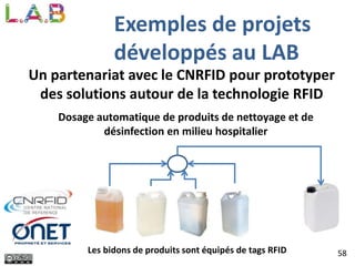 58
Un partenariat avec le CNRFID pour prototyper
des solutions autour de la technologie RFID
Dosage automatique de produits de nettoyage et de
désinfection en milieu hospitalier
Les bidons de produits sont équipés de tags RFID
Exemples de projets
développés au LAB
 