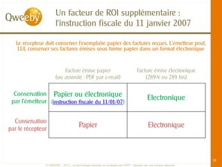 Un facteur de ROI supplémentaire :
                       l’instruction fiscale du 11 janvier 2007

   Le récepteur doit conserver l’exemplaire papier des factures reçues. L’émetteur peut,
    LUI, conserver ses factures émises sous forme papier dans un format électronique


                           Facture émise papier                                   Facture émise électronique
                       (ou assimilé : PDF par e-mail)                                 (289-V ou 289 bis)


  Conservation Papier ou électronique
 par l’émetteur (instruction fiscale du 11/01/07)
                                                                                          Electronique


  Conservation
par le récepteur
                                        Papier                                            Electronique



                                                                                                    10
                                                                                                                 10
                © QWEEBY – 2012 – La technologie Qweeby est protégée par l’APP – Qweeby est une marque déposée
 